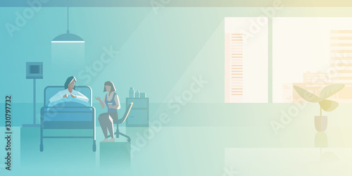 Visitor in medical ward of Patient in bed Flat vector illustration. Medical Clinic interior collection.