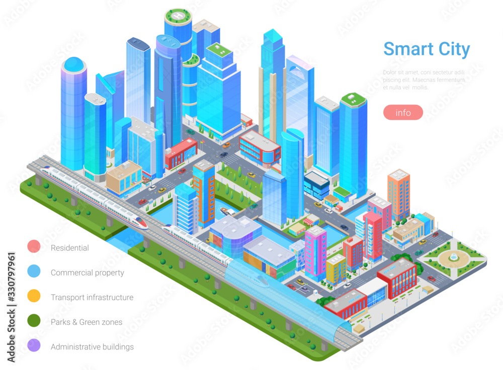 Smart City Megalopolis Skyscraper Isometric flat vector illustration infographics.