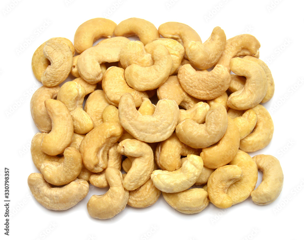 Cashew nuts isolated on white background. Perfectly retouched, full depth of field on the photo. Top view, flat lay Cashew nuts isolated on white background. Perfectly retouched, full depth of field on the photo. Top view, flat lay