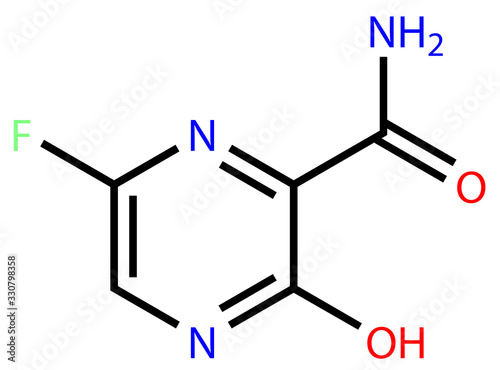 Structural formula of antiviral Favipiravir, active against the COVID-19 coronavirus and other RNA viruses