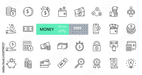 Vector money icons. Set of 29 images with editable stroke. Collection with dollars, euros, coins, bitcoin, banknotes, bag, wallet, watch, calculator, lock, pig piggy bank, bulb, magnifier, agreement.