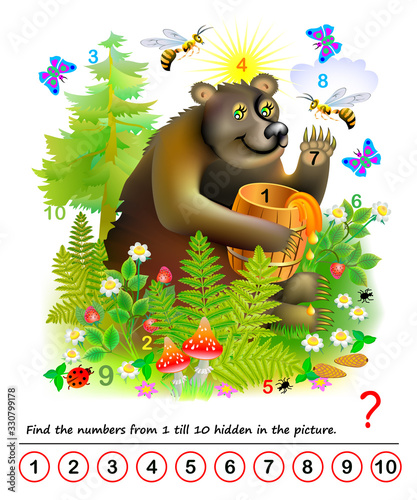 Logic puzzle game. Math education for young children. Find the numbers from 1 till 10 hidden in the picture. Developing counting skills. IQ test. Printable worksheet for kids book. Back to school.