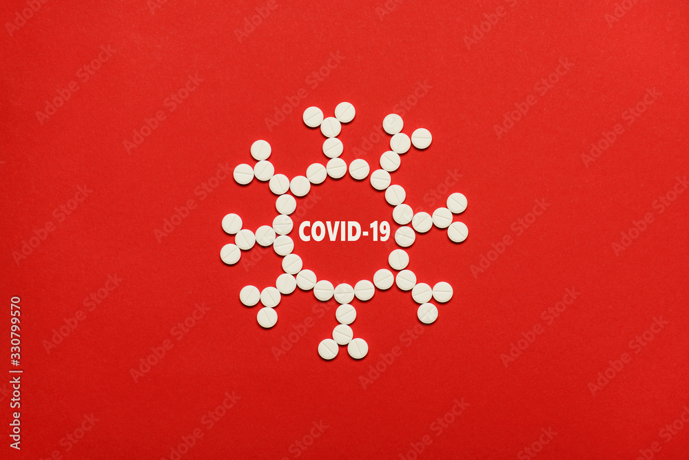 Coronavirus microscope structure concept. Top overhead flat lay photo of coronavirus made of small white round pills isolated over red background with copy empty blank space