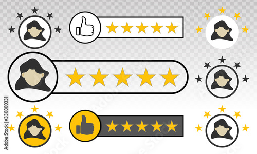 set of Product rating icons or customer reviews with gold star shapes for apps and websites