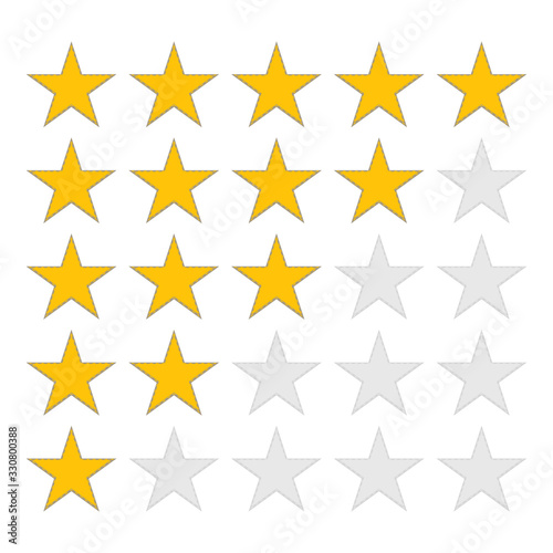 Product rating icons or customer reviews with gold star shapes for apps and websites