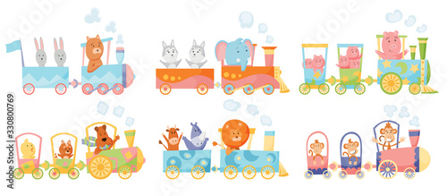 Cartoon set with different animals on trains. Fox giraffe monkey elephant bear pigs bunny tiger behemoth parrot. Flat vector elements for postcard, book or print