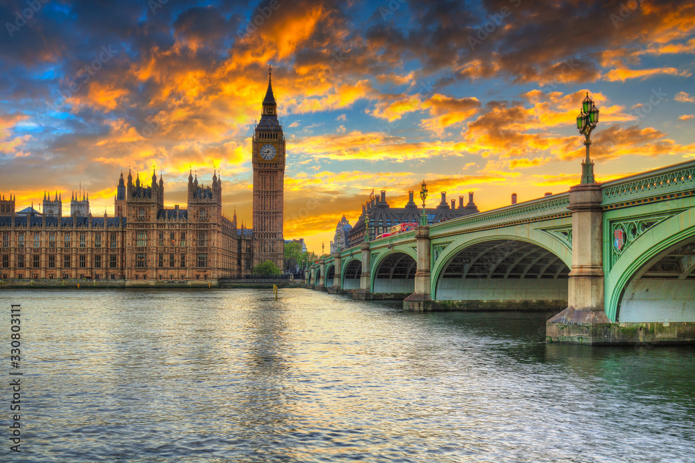 Big Ben and Westminster Palace in London at sunset, UK