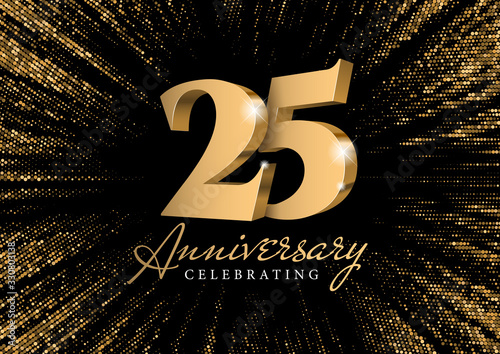 Anniversary 25. gold 3d numbers. Against the backdrop of a stylish flash of gold sparkling from the center on a black background. Poster template for Celebrating 20th anniversary event party. Vector