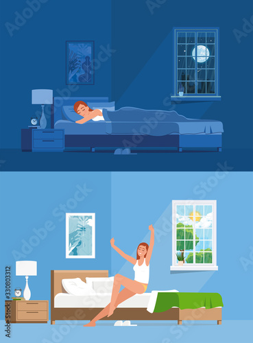Lady sleeping under duvet in comfortable bed at night, waking up in morning and stretching.