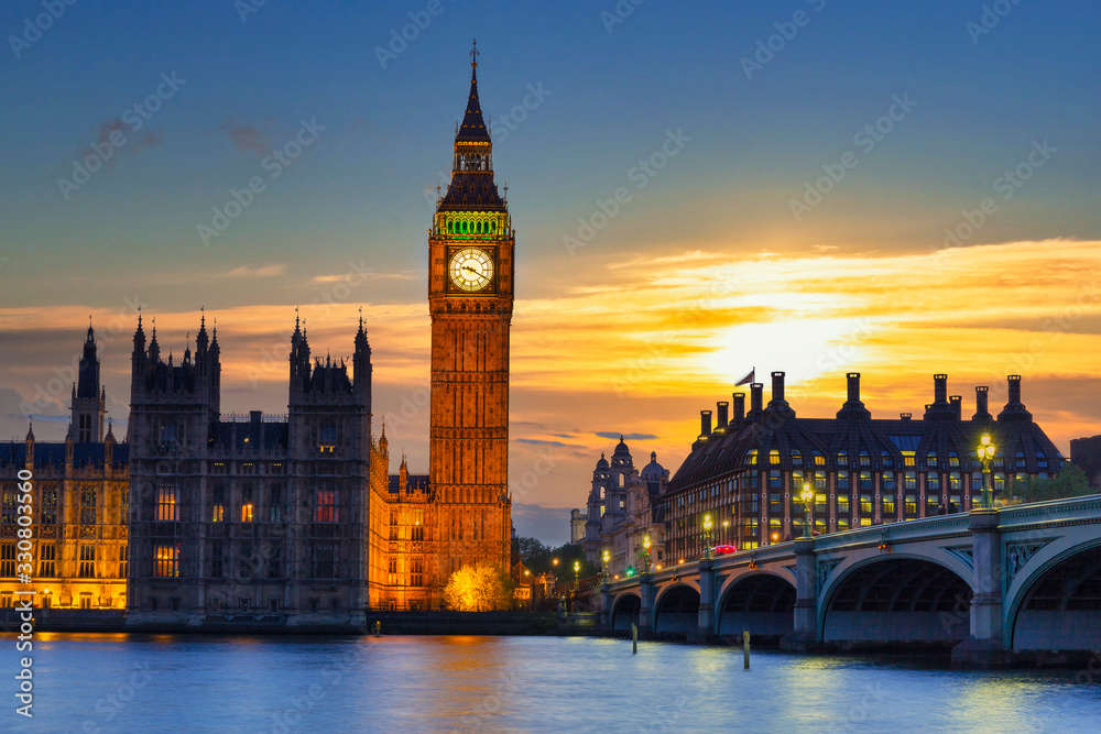 Big Ben and Westminster Bridge in London at sunset, UK