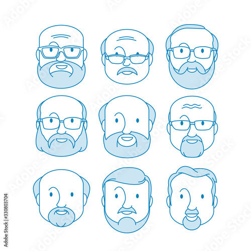 Old Men Male Human Face Head Hair Hairstyle Mustache Bald People Fashion. Design flat avatar for social media. Vector illustration
