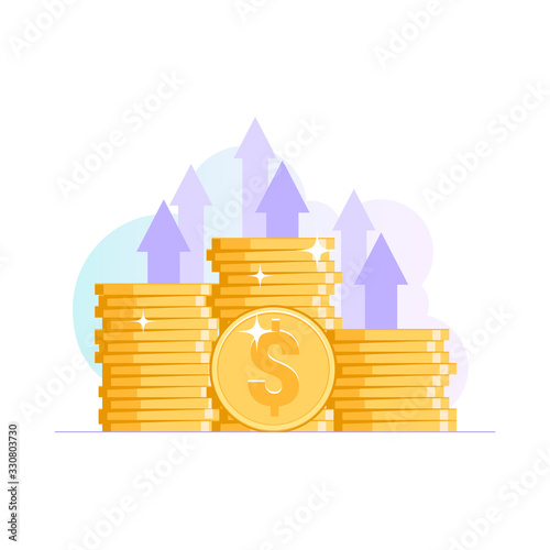 Stacks of coins with arrows pointing up. The concept of profit and financial growth or trading. Illustration in flat style. Vector
