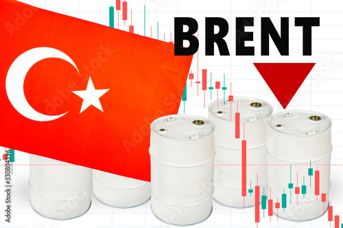 Sale of oil of Turkey. Concept - Turkey buys oil at a cheap price. Purchase of crude petroleum by Turkey. Concept - brent brand petroleum is losing value. The inscription brent next to the barrels.