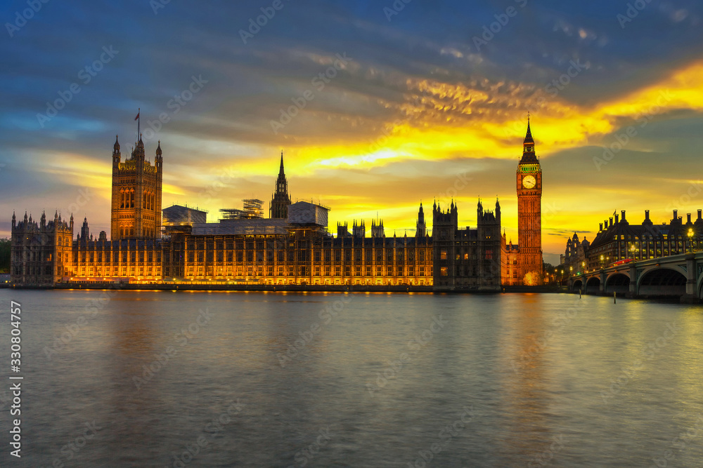 Big Ben and Palace of Westminster in London at sunset, UK
