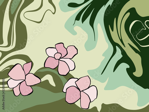 Abstract vector background with elegant organic shapes in green with pink flowers