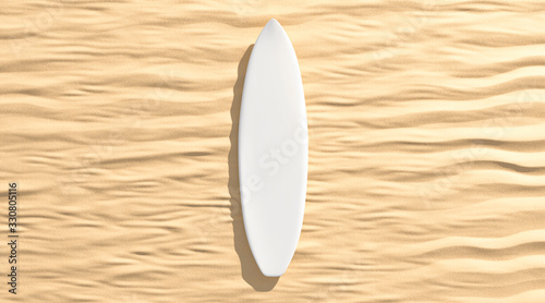 Blank white surfboarf lying on sand mockup, top view