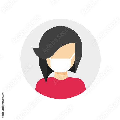 Medical face mask on woman person vector icon flat cartoon illustration, female character protected with medicine surgery mask isolated sign modern design pictogram image