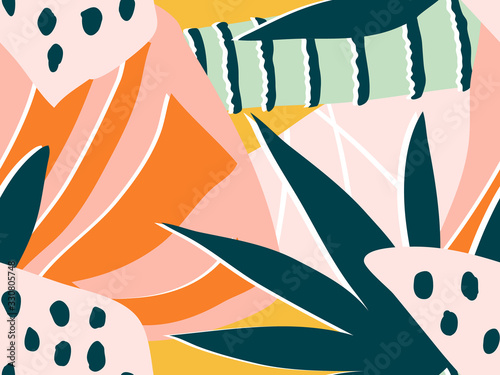 Exotic tropical colorful collage background. Abstract seamless floral vector pattern