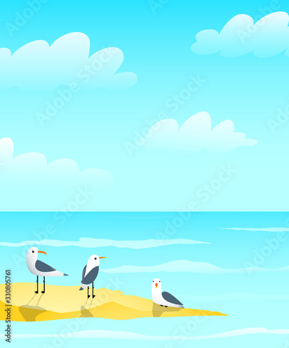 Marine ocean and seagulls on sandbank design, waves and clouds nautical blue greeting card background design.