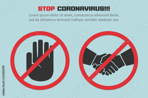 Stop coronavirus with red prohibit no handshake sign in a flat design concept background