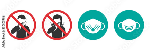 Set of coughing man and woman prohibit icons and medical mask icons