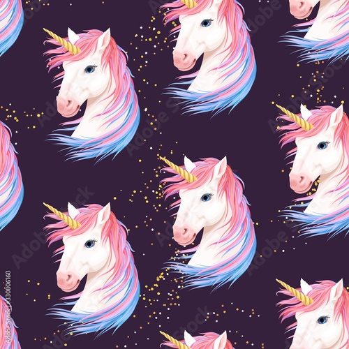 Vector seamless pattern with cute white unicorn