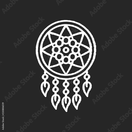 Boho style dreamcatcher chalk white icon on black background. Native American Indian mystic symbol. Dream catcher with string net, beads and feathers. Isolated vector chalkboard illustration