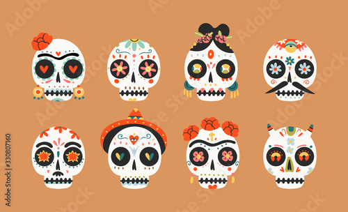 Set of eight Sugar Sculls. Fancy skeleton heads. Various ornaments. Hand Drawn Vector illustration. Mexican Day of the Dead. Dia de los muertos. Halloween decoration. All elements are isolated