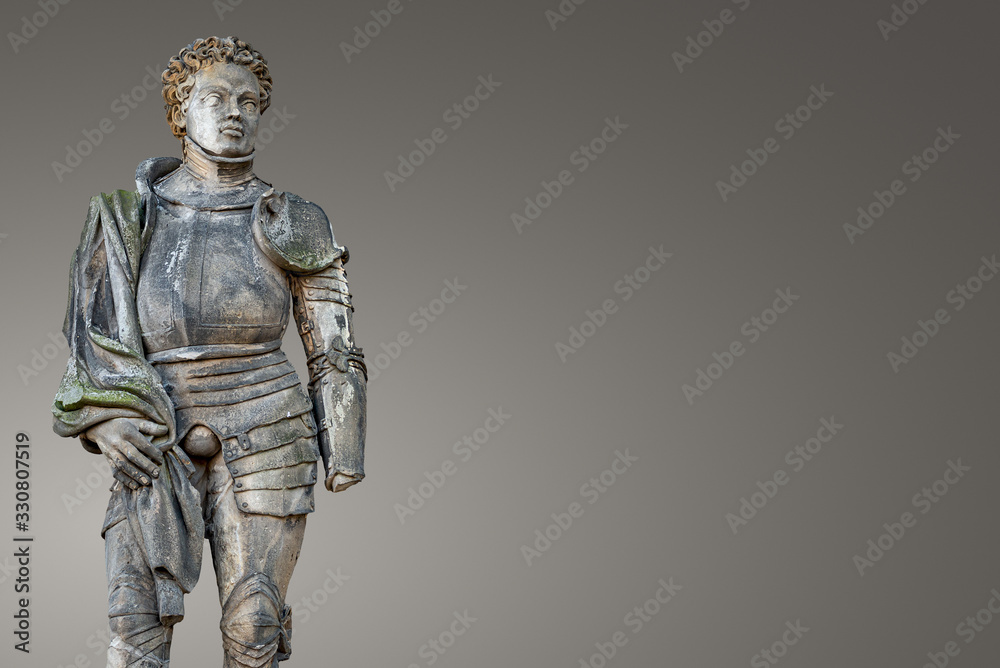 Banner with isolated ancient statue portrait of Saint Maurice (black Knight) as gatekeeper in Magdeburg Cathedral as Roman soldier from Thebes of 13 century with copy space, Magdeburg, Germany Banner with isolated ancient statue portrait of Saint Maurice (black Knight) as gatekeeper in Magdeburg Cathedral as Roman soldier from Thebes of 13 century with copy space, Magdeburg, Germany
