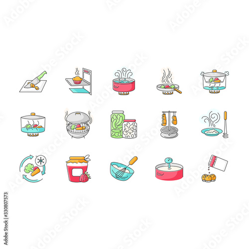 Cooking process RGB color icons set. Different food preparation methods, various culinary techniques. Ingredients and kitchen utensils isolated vector illustrations