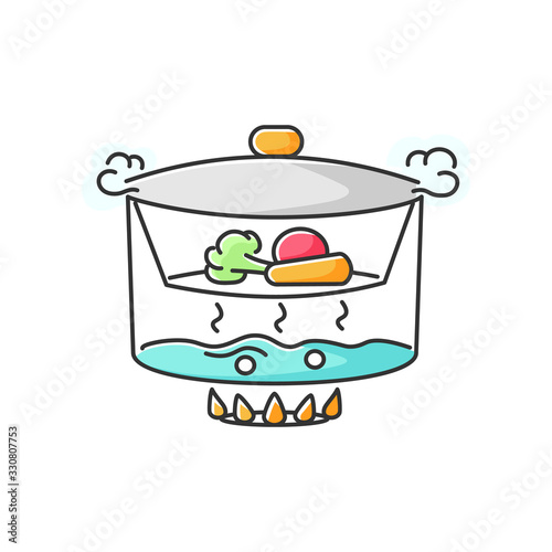 Steaming RGB color icon. Cooking food on vapor over boiling water. Meal preparation method, culinary technique. Steamer with vegetables isolated vector illustration