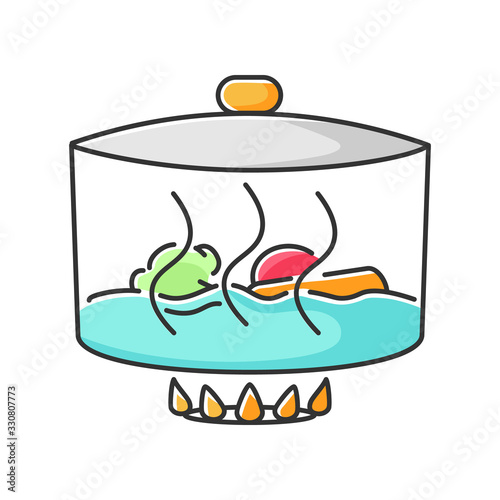Stewing RGB color icon. Delicious gravy, goulash preparation process. Cooking method, culinary technique. Pan with meat and vegetables isolated vector illustration