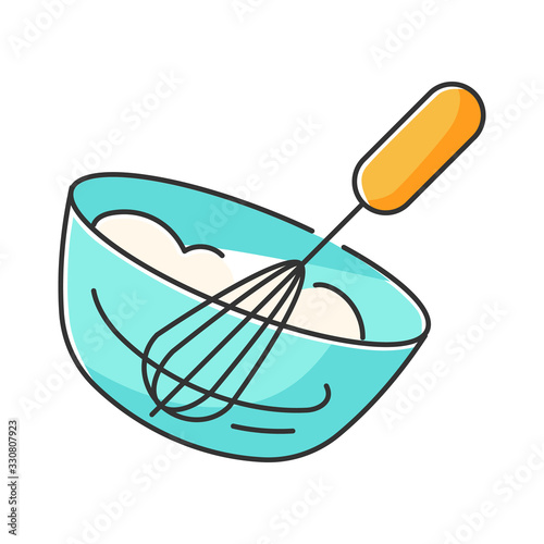 Whipping RGB color icon. Whipped cream preparation process, delicious dairy product. Sweet creamy dessert cooking. Bowl and whisk isolated vector illustration