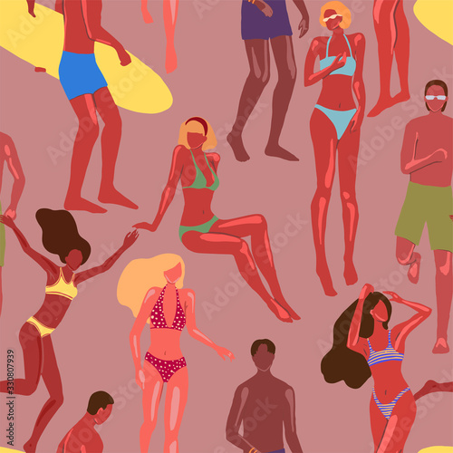 Seamless pattern of beautiful women and man in swimsuit. People on the beach vacation, summer. Vintage vector wallpaper in cartoon flat style. Colored background for design print, wrap, fabric, cards.