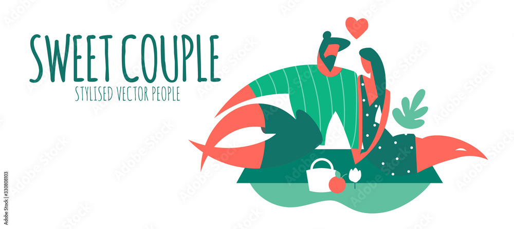 Couple in love. Man and girl on romantic picnic. Summertime feelings. Stylised people. Boy and girl.