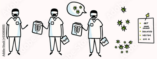 Corona virus covid 19 stickman doctor nurse explainer infographic. News broadcast speech bubble. Medical healthcare graphic clip art. Icon set in black white. Viral flu safety caution awareness.  