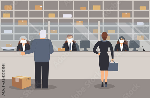 Post office is open during the epidemic of the virus. Office workers in protective medical masks serve customers. There are postal scales, parcels, barrier, people,shelving,boxes. Vector illustration