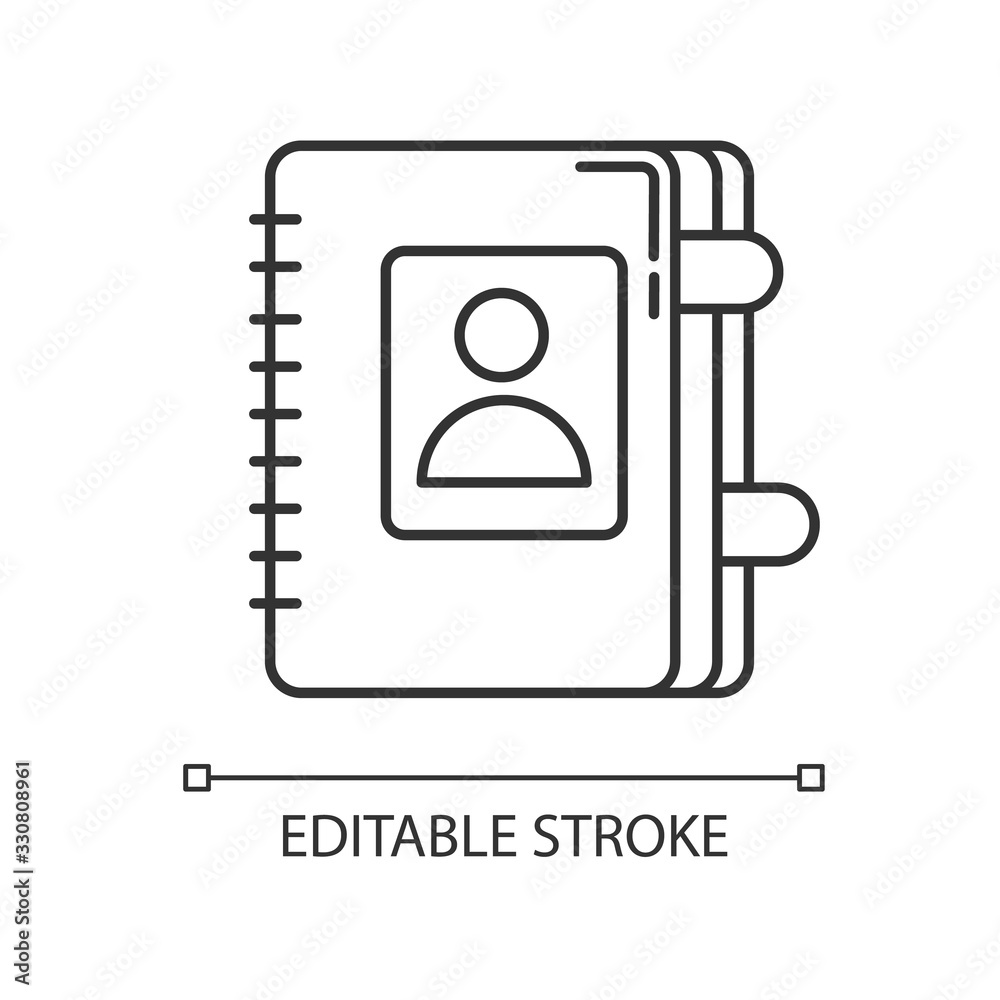 Contact book pixel perfect linear icon. Personal diary. Business organizer with bookmarks. Thin line customizable illustration. Contour symbol. Vector isolated outline drawing. Editable stroke Contact book pixel perfect linear icon. Personal diary. Business organizer with bookmarks. Thin line customizable illustration. Contour symbol. Vector isolated outline drawing. Editable stroke