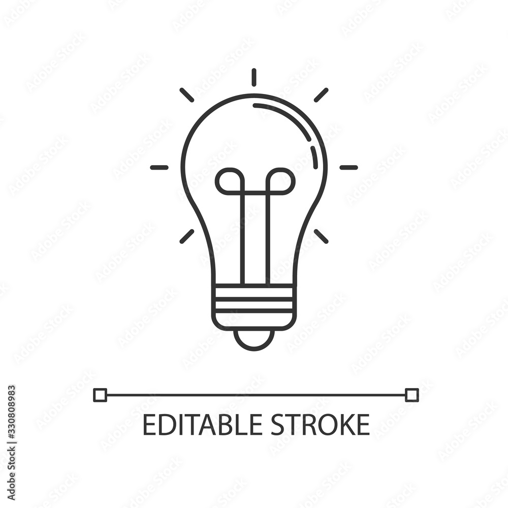 Light bulb pixel perfect linear icon. Inspiration sign. Glowing lightbulb. Incandescent lamp. Thin line customizable illustration. Contour symbol. Vector isolated outline drawing. Editable stroke