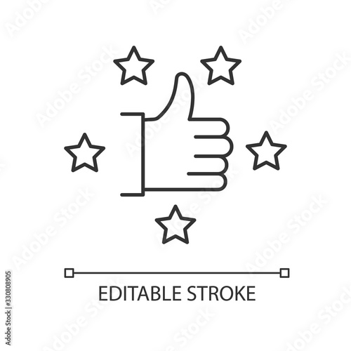 Recommendation pixel perfect linear icon. Thumbs up. Review rate. Customer satisfaction level. Thin line customizable illustration. Contour symbol. Vector isolated outline drawing. Editable stroke