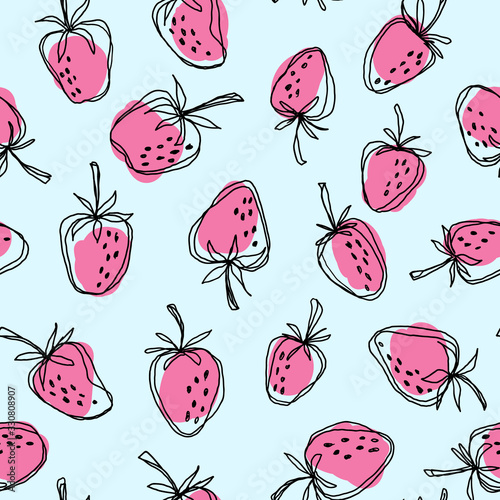 Hand drawn strawberry seamless vector pattern. Pink berries on the blue background photo