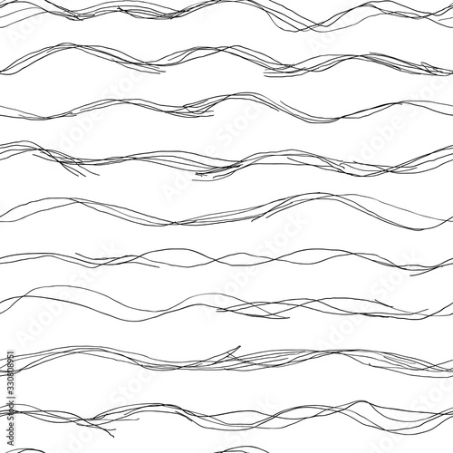Absreact hand drawn waves seamless pattern. Black scketch lines on a white background. Perfect for textile or paper print. photo
