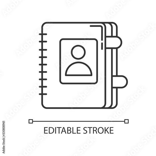 Contact book pixel perfect linear icon. Personal diary. Business organizer with bookmarks. Thin line customizable illustration. Contour symbol. Vector isolated outline drawing. Editable stroke