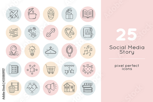 Social media story pixel perfect linear icons set. Travel and tourism. Cooking recipe. Creative hobby. Customizable thin line contour symbols. Isolated vector outline illustrations. Editable strokes