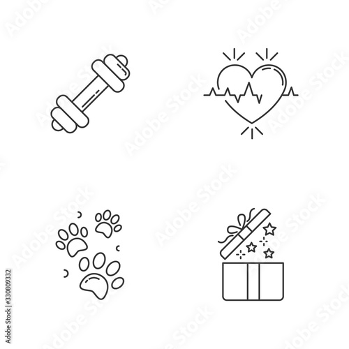 Lifestyle pixel perfect linear icons set. Gym workout. Cardio healthcare. Pet paw prints. Open gift. Customizable thin line contour symbols. Isolated vector outline illustrations. Editable strokes