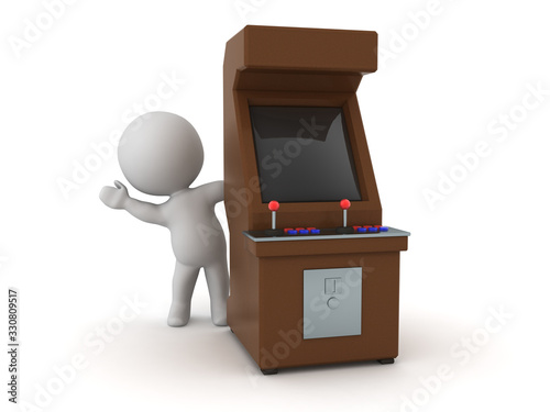 3D Character waving from behind vintage arcade cabinet