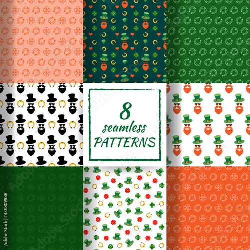 Set of Colorful seamless vector pattern with clover leaves, hat, head man and Horseshoe for St. Patrick's Day. Spring fest background for greetings card, decor, flyer, print, holiday design, packaging