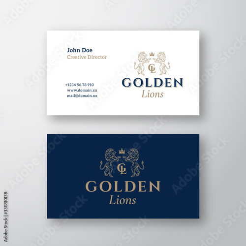 Wallpaper Mural Golden Lions Abstract Vector Logo and Business Card Template. Hand Drawn Lion Sillhouettes with Classy Retro Typography. Vintage Heraldry Crest or Emblem. Premium Stationary Realistic Mock Up. Torontodigital.ca