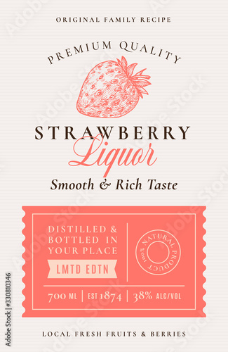 Family Recipe Strawberry Liquor Acohol Label. Abstract Vector Packaging Design Layout. Modern Typography Banner with Hand Drawn Berry Silhouette Logo and Background.