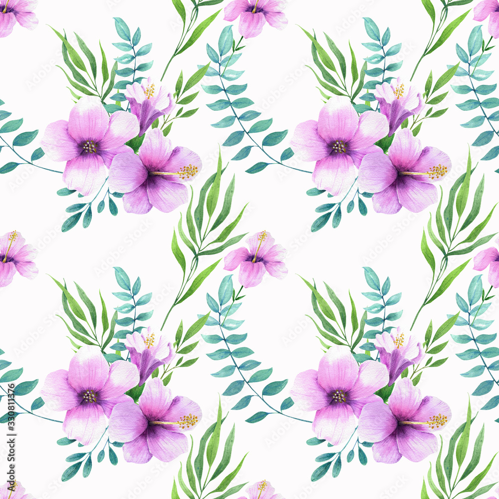 Floral seamless pattern, Hand drawn watercolor tropical flowers isolated on white background.